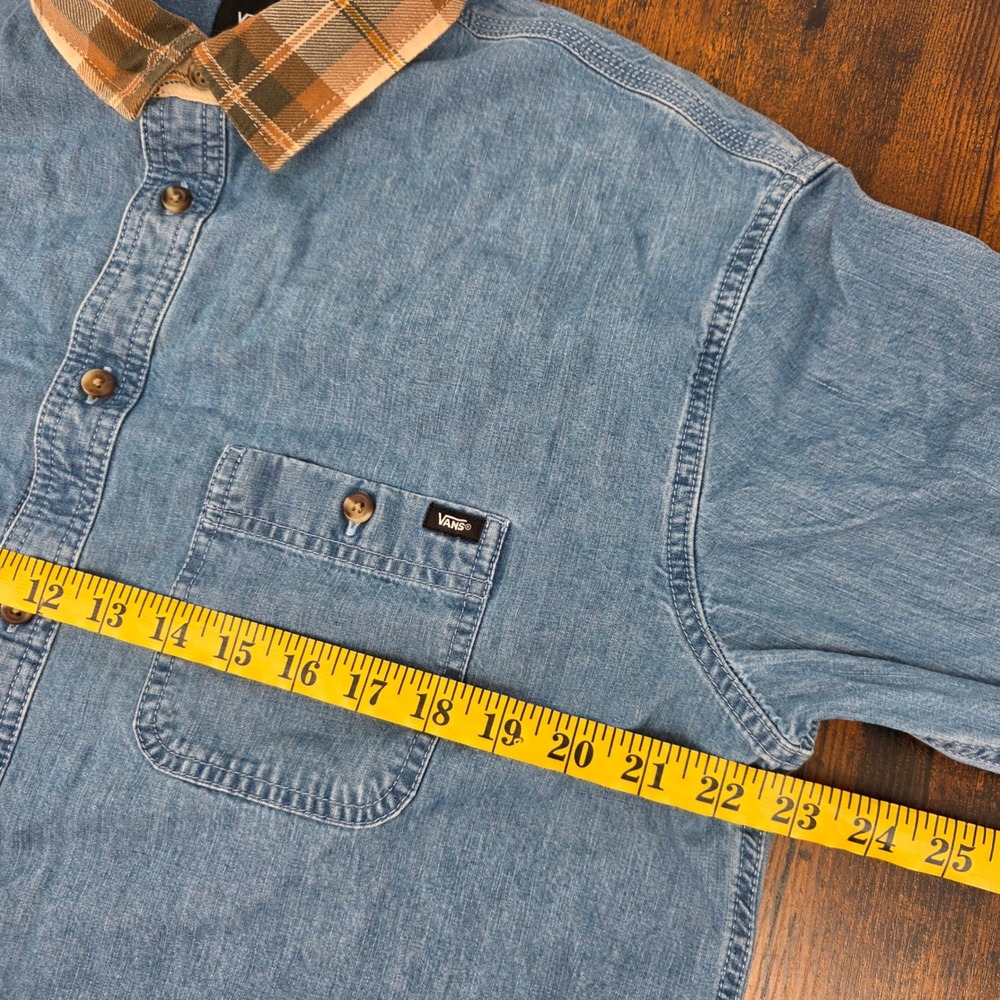 Vans Button Up Shirt Mens Small Denim Blue Plaid‎ Collar Casual Loose Fit Skate - Picture 6 of 8